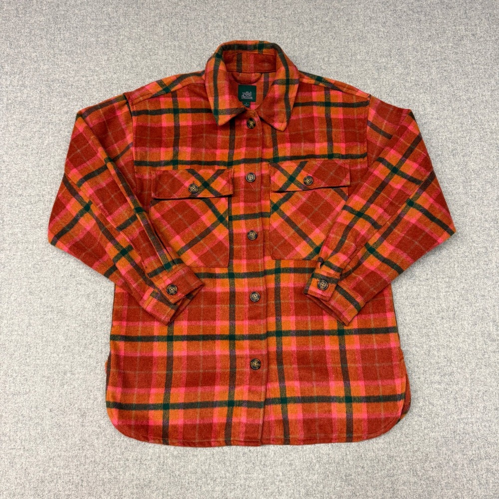 Wild Fable Plaid Shirt Jacket Shacket Small Orange Pink Green Wool Blend Pockets